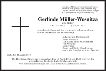 Traueranzeige von Gerlinde Müller-Wosnitza von Giessener Allgemeine, Alsfelder Allgemeine
