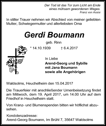 Traueranzeige von Gerdi Boumann von Giessener Allgemeine, Alsfelder Allgemeine