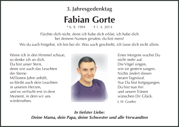 Traueranzeige von Fabian Gorte von Wetterauer Zeitung, Wetterauer Zeitung