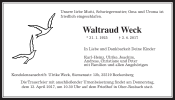 Traueranzeige von Waltraud Weck von Wetterauer Zeitung, Wetterauer Zeitung