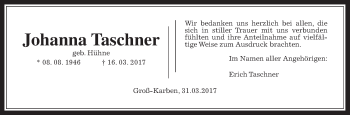 Traueranzeige von Johanna Taschner von Wetterauer Zeitung, Wetterauer Zeitung