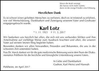 Traueranzeige von Karl Lotz von Giessener Allgemeine, Alsfelder Allgemeine