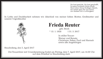 Traueranzeige von Frieda Reuter von Giessener Allgemeine, Alsfelder Allgemeine