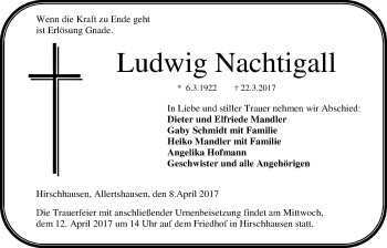 Traueranzeige von Ludwig Nachtigall von Rabenauer Zeitung