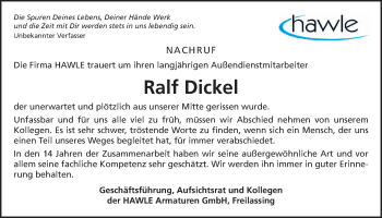 Traueranzeige von Ralf Dickel von Giessener Allgemeine, Alsfelder Allgemeine