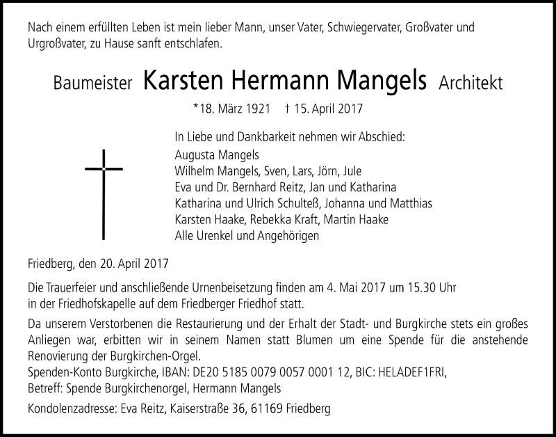  Traueranzeige für Karsten Hermann Mangels vom 22.04.2017 aus Wetterauer Zeitung, Wetterauer Zeitung