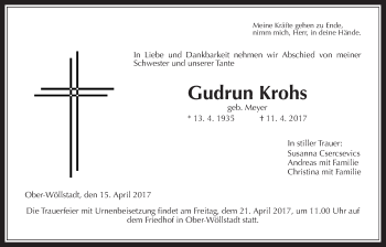 Traueranzeige von Gudrun Krohs von Wetterauer Zeitung, Wetterauer Zeitung