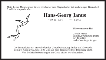Traueranzeige von Hans-Georg Janus von Wetterauer Zeitung, Wetterauer Zeitung