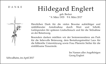 Traueranzeige von Hildegard Englert von Wetterauer Zeitung, Wetterauer Zeitung