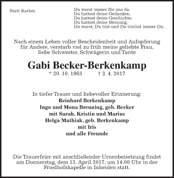 Traueranzeige von Gabi Becker-Berkenkamp von Giessener Allgemeine, Alsfelder Allgemeine