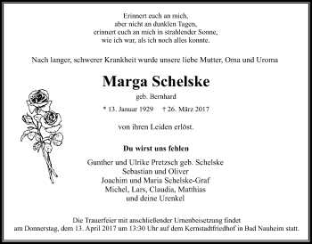 Traueranzeige von Marga Schelske von Wetterauer Zeitung, Wetterauer Zeitung