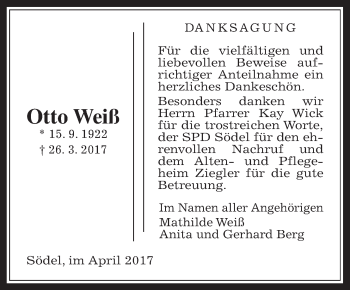 Traueranzeige von Otto Weiß von Wetterauer Zeitung, Wetterauer Zeitung