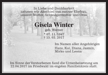 Traueranzeige von Gisela Winter von Wetterauer Zeitung, Wetterauer Zeitung