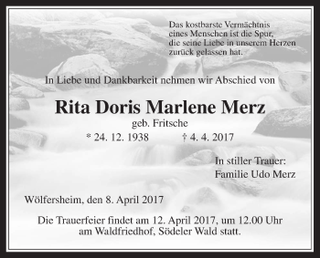 Traueranzeige von Rita Doris Marlene Merz von Wetterauer Zeitung, Wetterauer Zeitung