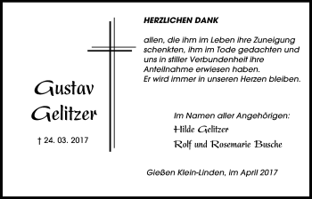 Traueranzeige von Gustav Gerlitzer von Giessener Allgemeine, Alsfelder Allgemeine