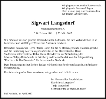 Traueranzeige von Sigwart Langsdorf von Wetterauer Zeitung, Wetterauer Zeitung