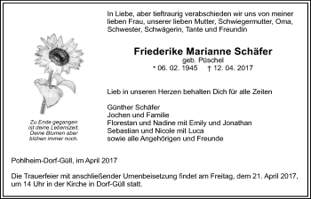 Traueranzeige von Friederike Marianne Schäfer von Giessener Allgemeine, Alsfelder Allgemeine