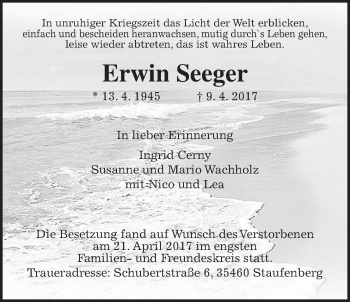 Traueranzeige von Erwin Seeger von Giessener Allgemeine, Alsfelder Allgemeine