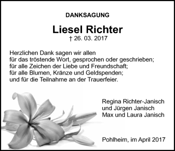 Traueranzeige von Liesel Richter von Pohlheimer Nachrichten