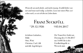Traueranzeige von Franz Suckfüll von Giessener Allgemeine, Alsfelder Allgemeine
