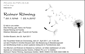 Traueranzeige von Rainer Röming von Giessener Allgemeine, Alsfelder Allgemeine