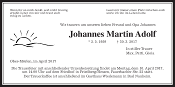 Traueranzeige von Johannes Martin Adolf von Wetterauer Zeitung, Wetterauer Zeitung