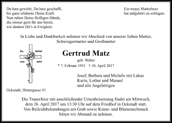 Traueranzeige von Gertrud Matz von Wetterauer Zeitung, Wetterauer Zeitung