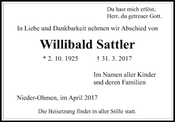 Traueranzeige von Willibald Sattler von Giessener Allgemeine, Alsfelder Allgemeine, Mücker Stimme
