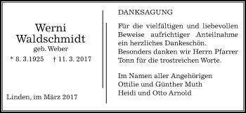 Traueranzeige von Werni Waldschmidt von Giessener Allgemeine, Alsfelder Allgemeine