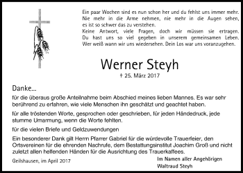 Traueranzeige von Werner Steyh von Giessener Allgemeine, Alsfelder Allgemeine
