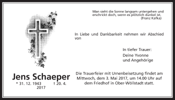 Traueranzeige von Jens Schaeper von Wetterauer Zeitung, Wetterauer Zeitung