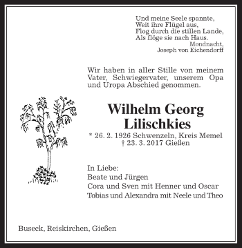 Traueranzeige von Wilhelm Georg Lilischkies von Giessener Allgemeine, Alsfelder Allgemeine
