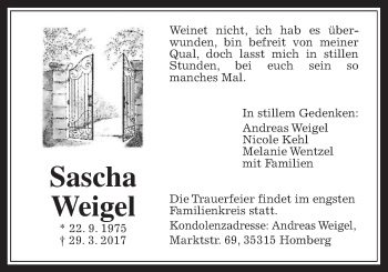 Traueranzeige von Sascha Weigel von Alsfelder Allgemeine