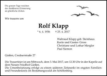 Traueranzeige von Rolf Klapp von Giessener Allgemeine, Alsfelder Allgemeine