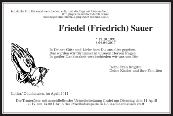 Traueranzeige von Friedel Sauer von Giessener Allgemeine, Alsfelder Allgemeine