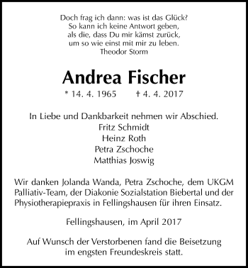 Traueranzeige von Andrea Fischer von Giessener Allgemeine, Alsfelder Allgemeine