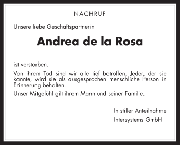 Traueranzeige von Andrea de la Rosa von Wetterauer Zeitung, Wetterauer Zeitung