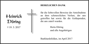 Traueranzeige von Heinrich Döring von Giessener Allgemeine, Alsfelder Allgemeine