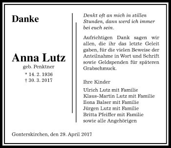 Traueranzeige von Anna Lutz von Giessener Allgemeine, Alsfelder Allgemeine