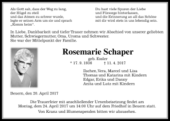 Traueranzeige von Rosemarie Schaper von Giessener Allgemeine, Alsfelder Allgemeine