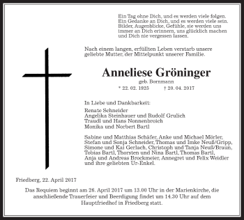 Traueranzeige von Anneliese Gröninger von Wetterauer Zeitung, Wetterauer Zeitung