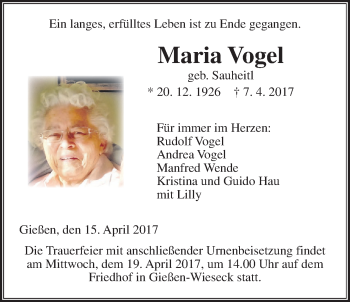 Traueranzeige von Maria Vogel von Giessener Allgemeine, Alsfelder Allgemeine