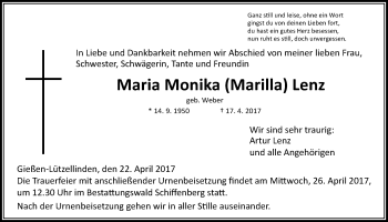 Traueranzeige von Maria Monika (Marilla) Lenz von Giessener Allgemeine, Alsfelder Allgemeine