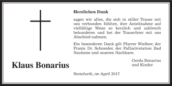Traueranzeige von Klaus Bonarius von Wetterauer Zeitung, Wetterauer Zeitung