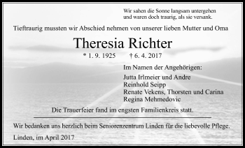 Traueranzeige von Theresia Richter von Giessener Allgemeine, Alsfelder Allgemeine