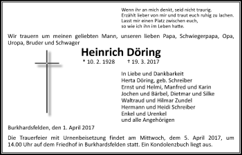 Traueranzeige von Heinrich Döring von Giessener Allgemeine, Alsfelder Allgemeine