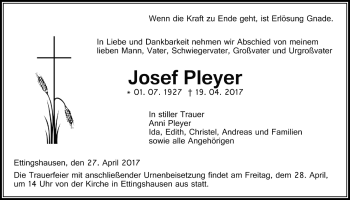 Traueranzeige von Josef Pleyer von Licher Wochenblatt, Licher Wochenblatt, Licher Wochenblatt