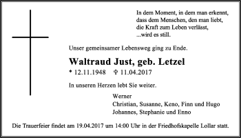 Traueranzeige von Waltraud Just von Giessener Allgemeine, Alsfelder Allgemeine
