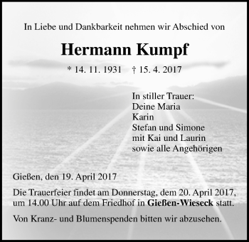 Traueranzeige von Hermann Kumpf von Giessener Allgemeine, Alsfelder Allgemeine