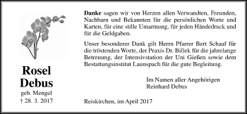 Traueranzeige von Rosel Debus von Giessener Allgemeine, Alsfelder Allgemeine